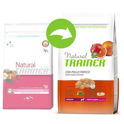 Стара и нова опаковка на Natural Trainer Puppy & Junior Medium. Новата опаковка показва пилешко месо, плодове и текст: CON POLLO FRESCO WITH FRESH CHICKEN, MEDIUM, PUPPY & JUNIOR. Стара и нова опаковка на Natural Trainer Puppy & Junior Medium. Новата опаковка показва пилешко месо, плодове и текст: CON POLLO FRESCO WITH FRESH CHICKEN, MEDIUM, PUPPY & JUNIOR.