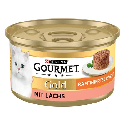 Boîte de pâtée pour chat Purina Gourmet Gold, texte visible : Raffiniertes Ragout, Mit Lachs. Image d’un chat blanc et d’une portion de pâtée sur une assiette.