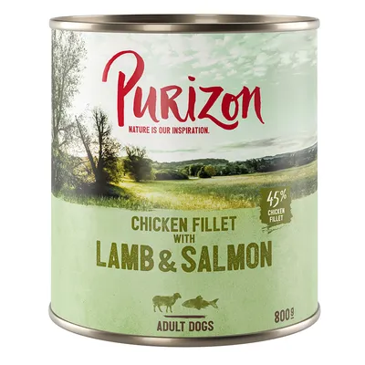 Purizon mokré krmivo pro dospělé psy, varianta: kuřecí filet s jehněčím a lososem, 45 % kuřecího filetu, 800g konzerva.