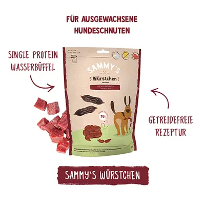 SAMMY'S Würstchen für ausgewachsene Hunde, Single Protein Wasserbüffel, getreidefreie Rezeptur, 76g Packung. SAMMY'S Würstchen für ausgewachsene Hunde, Single Protein Wasserbüffel, getreidefreie Rezeptur, 76g Packung.