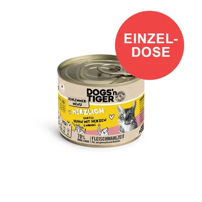 DOGS'n TIGER Schlemmer-Menü, Einzel-Dose, zartes Huhn mit Herzen und Möhre, 70% Huhn & Rind, Fleischmahlzeit für ausgewachsene Katzen. DOGS'n TIGER Schlemmer-Menü, Einzel-Dose, zartes Huhn mit Herzen und Möhre, 70% Huhn & Rind, Fleischmahlzeit für ausgewachsene Katzen.
