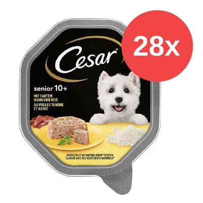 Cesar senior 10+ mit zartem Huhn und Reis, hergestellt mit natürlichen Zutaten. Packung enthält 28 Portionen.