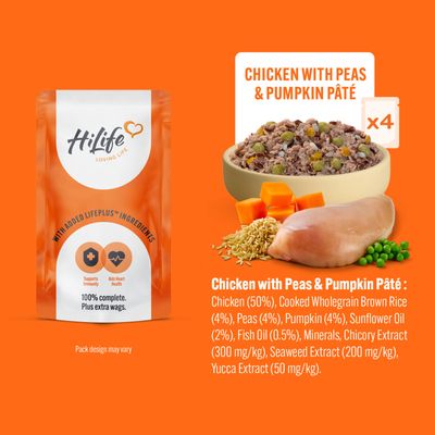 Chicken with peas and pumpkin pâté, showing ingredients including chicken, brown rice, peas, pumpkin, sunflower oil, fish oil, minerals, chicory, seaweed, yucca. Pack of 4.