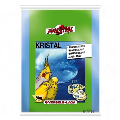 Sachet de 5 kg Versele-Laga Prestige Kristal fond de cage, texte visible : Schelpenzand, Fond de cage, Muschelsand, Shellsand, illustration d’oiseaux et coquillages avec pourcentages.