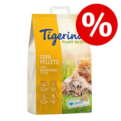 Tigerino Plant-Based Corn Pellets, 100% biodegradable litter, Sensitive, 7 l. Ikona postotka za akciju. Vidljive oznake: brzo zgrušavanje, može u WC, bez mirisa, protiv lijepljenja.
