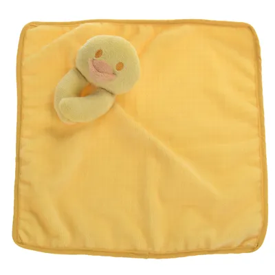 Gul snuttefilt med ankhuvud av mjukt tyg, lämplig som leksak eller accessoar.