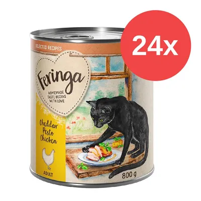 Feringa Adult Nassfutter, Sorte Cheddar Pesto Chicken, 800g Dose, 24x Packung. Illustration einer schwarzen Katze vor einem Teller mit Hähnchenstücken.