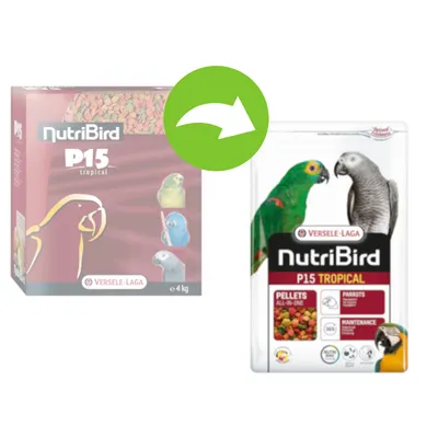 NutriBird P15 Tropical von Versele-Laga. Verpackungsänderung von Karton zu Beutel, geeignet für Papageien. Pellets All-in-One, Wartung und Pflege.