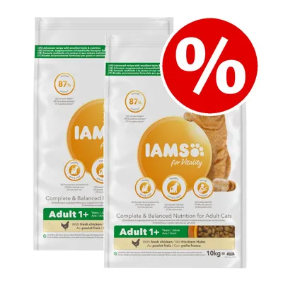 IAMS for Vitality Adult 1+ kissanruoka, tuore kana, 10 kg, 87 % eläinproteiinia. Kaksi pakkausta ja alennusprosenttimerkki näkyvissä.