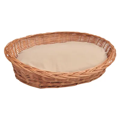 Cesta ovale in legno intrecciato con cuscino beige. Adatta come letto per pet.