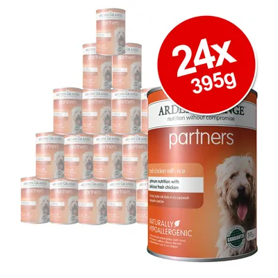 Pack of 24 cans, each 395g, labelled 'partners' with fresh chicken and rice, naturally hypoallergenic, premium nutrition with delicious fresh chicken.