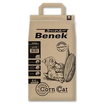 Zak Super Benek Corn Cat kattenbakvulling, 4,4 kg. Tekst: clumping, natuurlijk, GMO free. Illustratie van kat en maïskolf op de verpakking.