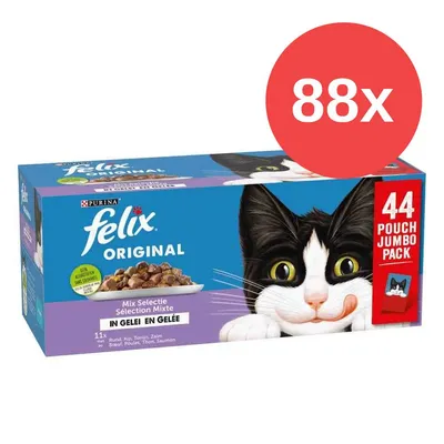 Purina Felix Original Mix Selection in Gelee, 44 Pouch Jumbo Pack, 88x Portionen. Sorten: Rind, Huhn, Thunfisch, Lachs. Gute Zutaten aus kontrollierter Herkunft.