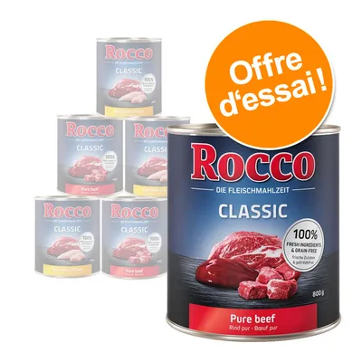 Rocco Classic Pure beef 800 g, offre d’essai. Texte visible : 100 % fresh ingredients & grain-free. Plusieurs boîtes Rocco Classic en arrière-plan, variantes Pure beef et Beef with chicken.