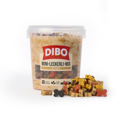 DIBO Mini Treat Mix for Dogs, training reward, juicy texture, delicious & aromatic. Various colourful bone shapes visible in the tub.