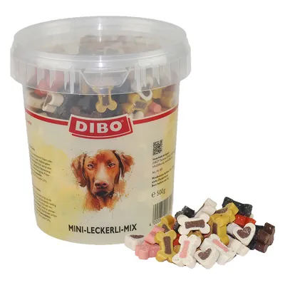 DIBO Mini-Leckerli-Mix, balde de 500g com snacks coloridos em forma de osso. Ingredientes e código QR visíveis na embalagem.