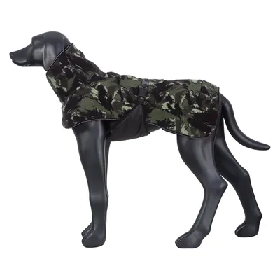 Dog coat in camouflage colours on a black dog mannequin, with adjustable fastening and neck cover.