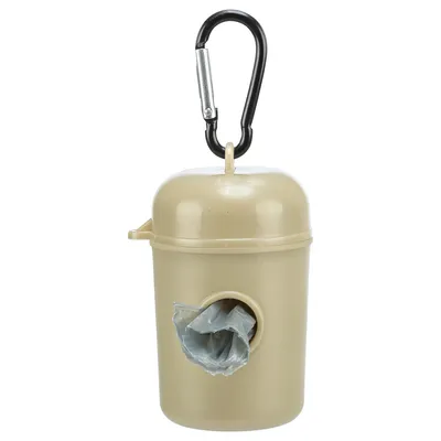 Distributeur beige en plastique pour sacs à déjections, avec mousqueton noir et sac visible à l’ouverture frontale.