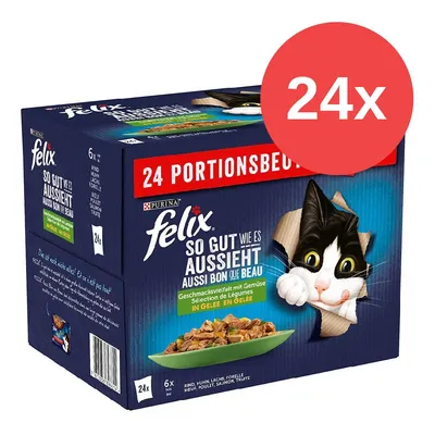 Purina Felix So gut wie es aussieht, Geschmacksvielfalt mit Gemüse in Gelee, 24 Portionsbeutel, Rind, Huhn, Lachs, Forelle. Purina Felix So gut wie es aussieht, Geschmacksvielfalt mit Gemüse in Gelee, 24 Portionsbeutel, Rind, Huhn, Lachs, Forelle.