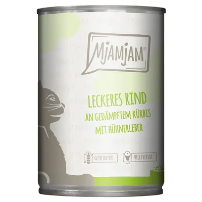 MjAMjAM Leckeres Rind an gedämpftem Kürbis mit Hühnerleber. Getreidefrei, viel Fleisch.