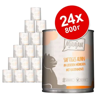 24 консерви по 800 г MjAMjAM, SAFTIGES HUHN AN LECKEREN MÖHRCHEN MIT KATZENMINZE. Видими икони: без зърнени храни, много месо. Текстът е на немски.