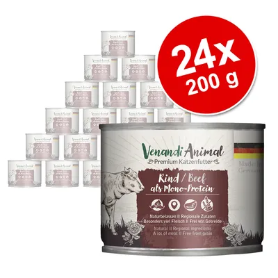 Venandi Animal Premium karma dla kotów, wołowina jako jedno źródło białka, 24x 200g. Naturalne, regionalne składniki, dużo mięsa, bez zbóż. Wyprodukowano w Niemczech. Venandi Animal Premium karma dla kotów, wołowina jako jedno źródło białka, 24x 200g. Naturalne, regionalne składniki, dużo mięsa, bez zbóż. Wyprodukowano w Niemczech.