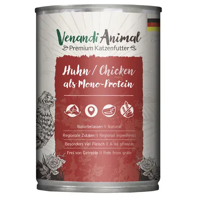 Venandi Animal Premium comida para gatos, frango como proteína única. Natural, ingredientes regionais, alto teor de carne, sem cereais. Venandi Animal Premium comida para gatos, frango como proteína única. Natural, ingredientes regionais, alto teor de carne, sem cereais.
