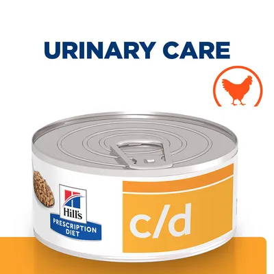 Canned food labelled c/d for urinary care, with a chicken icon and Hill's Prescription Diet branding visible.