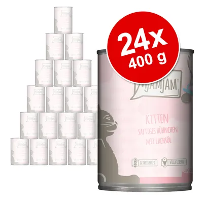 Lot de 24 boîtes MajanJam Kitten, 400 g chacune. Texte visible : 'KITTEN SAFTIGES HÜHNCHEN MIT LACHSÖL', pictogrammes 'sans céréales' et 'beaucoup de viande'.