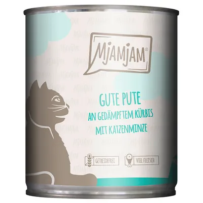 Conservă MjAMjAM cu text în germană: Gute Pute an gedämpftem Kürbis mit Katzenminze. Simboluri: fără cereale, multă carne. Imagine siluetă pisică.