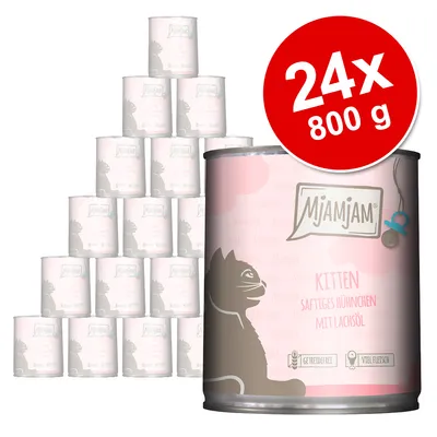 Mjamjam Kitten консервирана храна за котенца, сочно пиле с масло от сьомга, без зърнени храни, висококачествено месо. Опаковка: 24 консерви по 800 г.