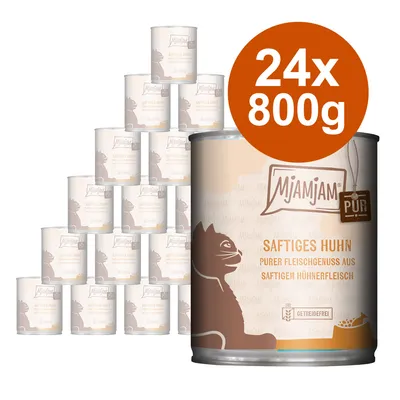 Mjamjam Pur ζουμερό κοτόπουλο, 24x800g κονσέρβες, χωρίς δημητριακά. Καθαρή απόλαυση κρέατος από ζουμερό κοτόπουλο.