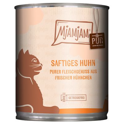 Boîte MjAMjAM PUR, texte allemand : Saftiges Huhn, Purer Fleischgenuss aus frischem Hühnchen, Getreidefrei. Illustration de chat sur l’emballage.