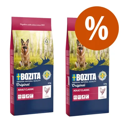 Dve vreči Bozita Adult Classic pasje hrane, 12 kg, vidna oznaka za popust, piščanec, 23 % beljakovin, 11 % maščob. Blagovna znamka Bozita, Swedish Natural Quality.