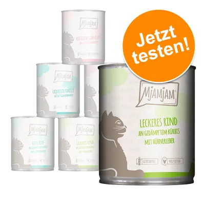 MjAMjAM Nassfutterdosen: Leckeres Rind an gedämpftem Kürbis mit Hühnerleber, Exquisite Forelle, Köstliche Garnelen, Gute Pute. Orange Kreis: Jetzt testen!