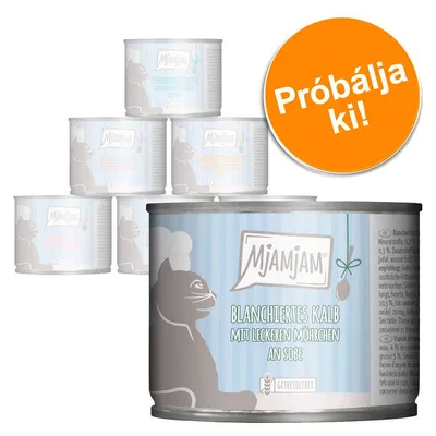 Mjamjam macskaeledel konzerv, felirattal: Blanchiertes Kalb mit leckeren Möhrchen an Soße. Narancssárga körben: Próbálja ki! Mjamjam macskaeledel konzerv, felirattal: Blanchiertes Kalb mit leckeren Möhrchen an Soße. Narancssárga körben: Próbálja ki!
