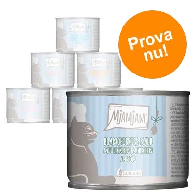 MjAMjAM Blanchiertes Kalb mit leckeren Möhrchen an Soße, flera burkar kattmat. Orange cirkel med texten: Prova nu! MjAMjAM Blanchiertes Kalb mit leckeren Möhrchen an Soße, flera burkar kattmat. Orange cirkel med texten: Prova nu!