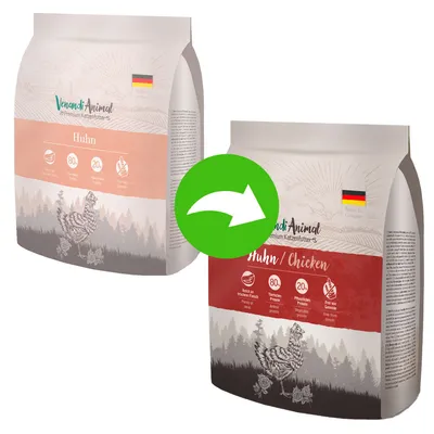 Venandi Animal Premium krmivo pro kočky kuře. Vyrobeno v Německu. 80 % živočišných bílkovin, 20 % rostlinných bílkovin, bez obilovin. Zobrazená změna designu obalu.