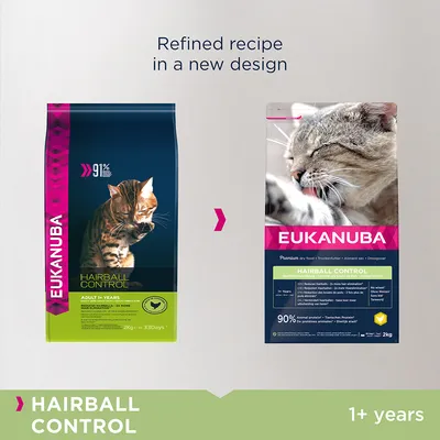 Comparison of old and new Eukanuba Hairball Control packaging for 1+ years, highlighting a refined recipe in a new design. Key features: 91% animal protein, 2kg pack, hairball control.