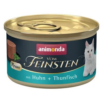 Animonda Vom Feinsten Mousse s kuřetem a tuňákem, krmivo pro kočky ve zlaté konzervě.
