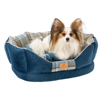 Letto per cani blu con motivo a quadri e etichetta logo marrone, cane sdraiato dentro.