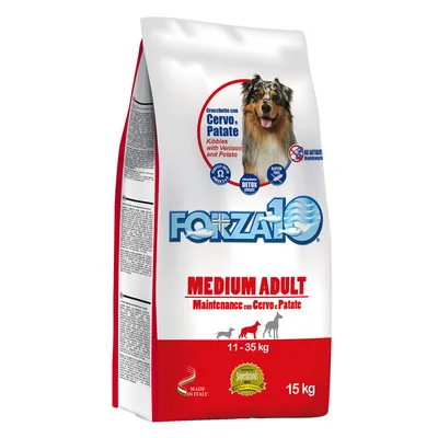 Saco de pienso Forza10 Medium Adult Maintenance con Cervo e Patate, 15 kg. Indicado para perros de 11–35 kg. Texto visible en inglés e italiano. Imagen de perro en el envase.