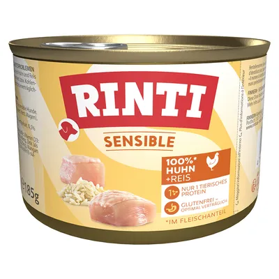 Rinti Sensible, konzerva 185g. 100% piletina + riža, samo jedan izvor životinjskih proteina, bez glutena, optimalna probavljivost, udio mesa.