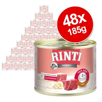 RINTI Sensible, 48×185 g konzervy. Viditeľné texty: GLUTENFREI, 100 % RIND, + REIS, Für empfindliche Hunde, 1. tierisches Protein.