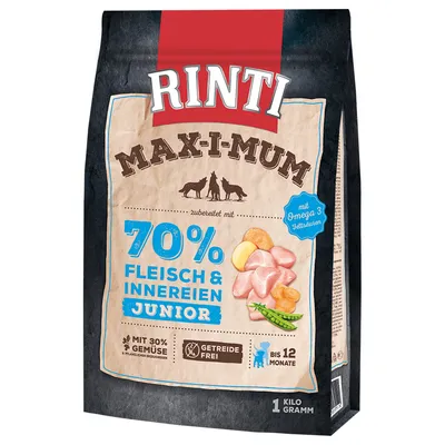 Rinti Max-i-mum Junior, 70% κρέας και εντόσθια, με ωμέγα-3 λιπαρά οξέα, χωρίς δημητριακά, με 30% λαχανικά, κατάλληλο έως 12 μηνών, 1 κιλό.