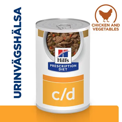 Hill's Prescription Diet c/d burk med synligt innehåll, text: URINVÄGSHÄLSA och CHICKEN AND VEGETABLES. Kycklingsymbol visas. Hill's Prescription Diet c/d burk med synligt innehåll, text: URINVÄGSHÄLSA och CHICKEN AND VEGETABLES. Kycklingsymbol visas.