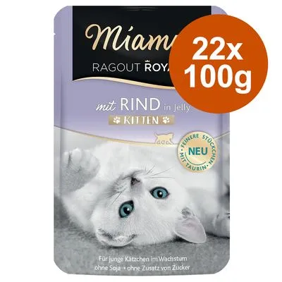 Miamor Ragout Royale mit Rind in Jelly Kitten, 22x100g. Voor jonge katjes, zonder soja en zonder toegevoegde suiker. Bevat taurine. Duitse tekst zichtbaar op verpakking. Miamor Ragout Royale mit Rind in Jelly Kitten, 22x100g. Voor jonge katjes, zonder soja en zonder toegevoegde suiker. Bevat taurine. Duitse tekst zichtbaar op verpakking.