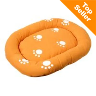 Cuscino arancione per animali con impronte bianche visibili, angolo in alto a destra con scritta Top Seller su sfondo arancione.