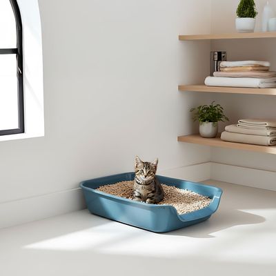 Blue plastic cat litter tray with lowered entry and side handles, brand Savic.