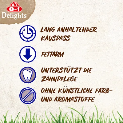8in1 Delights. Lang anhaltender Kauspass, fettarm, unterstützt die Zahnpflege, ohne künstliche Farb- und Aromastoffe. Texte en allemand.